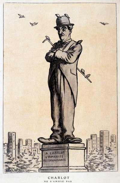 Kaide üzerinde yazılı heykelde Charlot: “Bir Charlot, minnettar insanlık”” (“Charlot ne s'amuse pas”) - Barrère tarafından 01/07/1920 “” Fantasio””da çizim by Adrien Barrere
