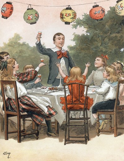 Genç bir çocuk konuşma yapıyor, çocuklar camı tokuşturuyor, çizim Adrien Marie tarafından Zari#39;nin Tout a la joie kitabında, Emile Guerin yayını 1890 by Adrien Emmanuel Marie