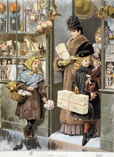 Zenginlerin çıktığı bir oyuncakçının çıkışında küçük buketler satan zavallı kız (Noel için alışveriş mi yapıyor?) - Adrien Marie