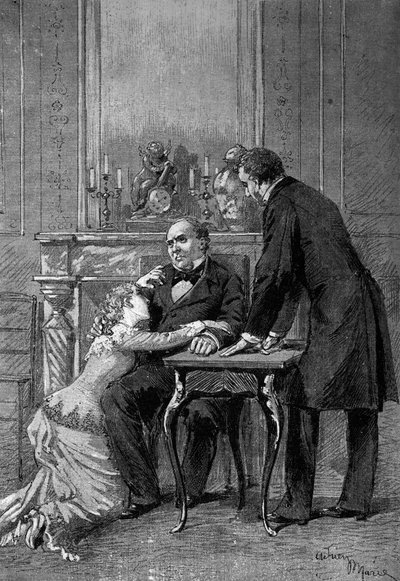 Tiyatro performansı: Auguste Vacquerie (1819-1895), Bayan Bertet (Andree), Bay Barre (Bruel), Edmond Got (1822-1901) (Jean Beaudry) ile "Jean Baudry"nin 1. perdesi. Paris, Komedi Française by Adrien Emmanuel Marie