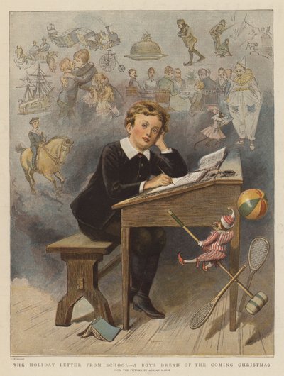 Okuldan Tatil Mektubu, Bir Çocuğun Yaklaşan Noel Rüyası (chromolitho) by Adrien Emmanuel Marie