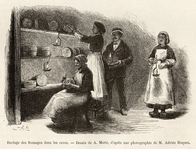 Her sekiz günde bir şaraphaneden sonra peynirlerin kazınması ve dikilmesi, bu işlemler Roquefort