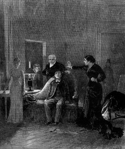 Tiyatro gösterimi: Alphonse Daudet (1840-1897) ve H. Lafontaine ile Miss Sisos (Cecile), M. Porel (Dr. Rivals), M. Chelles (Jack), Miss Montaland (Ida de Barancy) tarafından “Jack”in 5. perdesi ). Paris, tiyatro de l