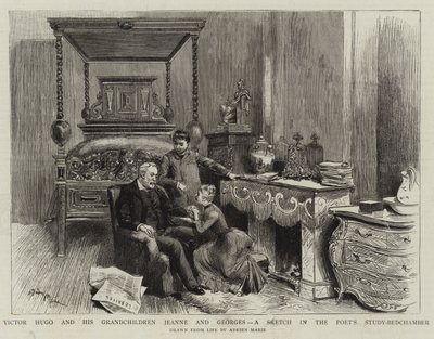 Victor Hugo ve Torunları Jeanne ve Georges, Şairin Çalışma Odasında Bir Eskiz by Adrien Emmanuel Marie