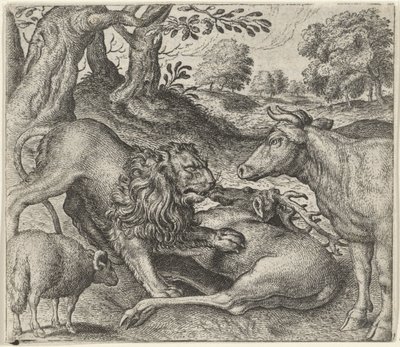 Aslan, İnek ve Avdaki Koyun Masalı by Egidius  Sadeler (II)