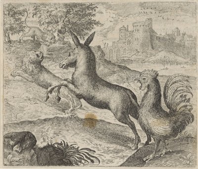 aslan, eşek ve horoz masalı by Egidius  Sadeler (II)