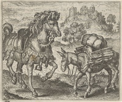 Huysuz Eşek ve Savaş Atı Masalı by Egidius  Sadeler (II)