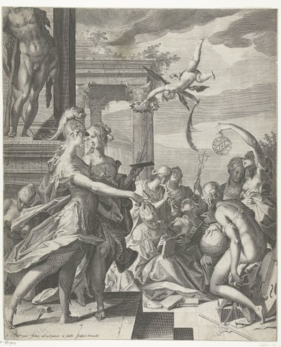 Minerva, Resme bilimlerle olan yerine eşlik ediyor by Egidius  Sadeler (II)