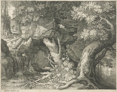 Bir şelalenin üzerindeki gezginler Altı manzara (dizi başlığı) by Egidius  Sadeler (II)
