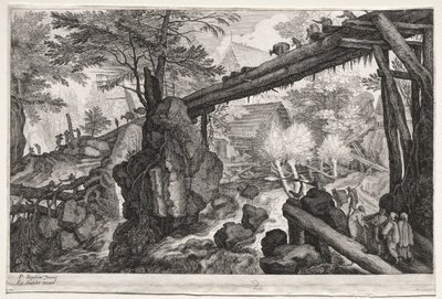 Sekiz Bohem Manzarası: Katarakt Üzerindeki Kütük Köprülü Manzara, c. 1610-1615. by Aegidius Sadeler or Saedeler