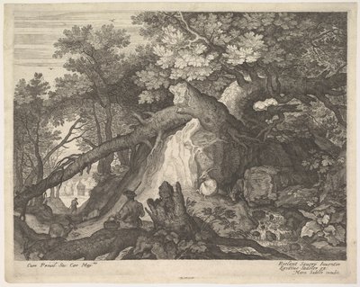 Bir ağaç gövdesine oturmuş, iki yanında iki keçi olan bir değnek tutan bir adam, surro..., yakl. 1600. by Aegidius Sadeler II