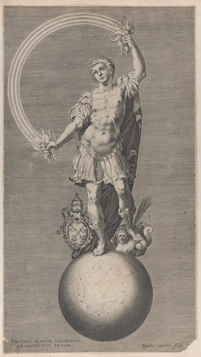 Papalık arması ile bir küre üzerinde duran bir savaşçının alegorik figürü..., ca. 1588-1629. by Aegidius Sadeler II