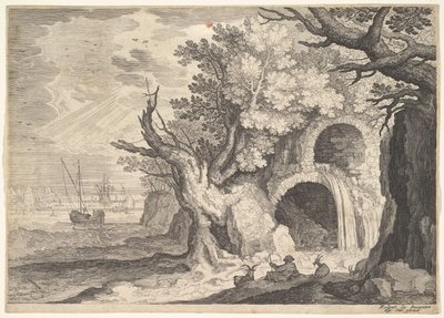 Aşağıdaki bir dereye dökülen su ile harap su kemeri, denizde gemiler, bir ..., ca. 1600. by Aegidius Sadeler II