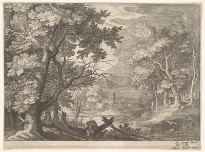 Ormanlık alan sahnesi, bataklık kıyıları, iki adam ve soldaki profilde bir köpek, iki uzun boyunlu..., yakl. 1600. by Aegidius Sadeler II
