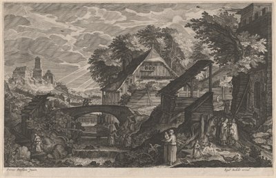 Bir Nehir Kenarında Çiftlik Evleri ve Ötesinde Bir Şehir by Aegidius Sadeler II after Pieter Stevens