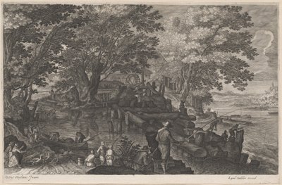 Bir Ada Su Değirmeni tarafından balıkçılar by Aegidius Sadeler II after Pieter Stevens