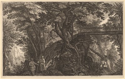 İki Adam ve Bir Köprünün Yanında Dinlenen Bir Kadınla Orman Manzarası by Aegidius Sadeler II after Pieter Stevens