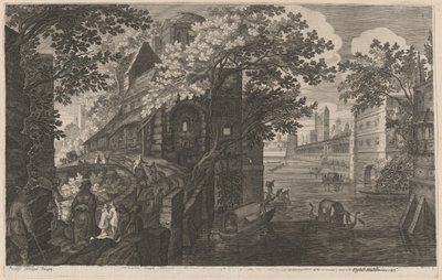 Sarayın Yanında Nehir Üzerinde Gondol by Aegidius Sadeler II after Pieter Stevens