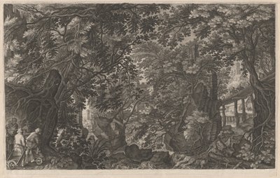 Ahşap Köprünün Yanındaki Ormanda Avcılar by Aegidius Sadeler II after Pieter Stevens