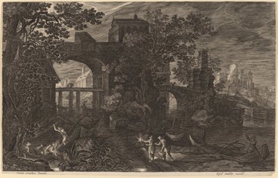 Şehir Surları Dışında Nehir Balıkçıları ile Gece Manzarası by Aegidius Sadeler II after Pieter Stevens