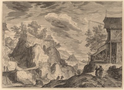 Sağda Han ve Solda Kayalar Üzerinde Ev ile Manzara by Aegidius Sadeler II after Roelandt Savery