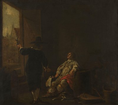 Bir tarafta Şarap Tadımı, diğer tarafında Şarabı Fıçıdan Çıkaran Şarap Dükkanı Tabela by Aelbert Cuyp (circle of)