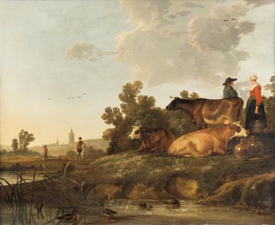 Sığırların yanında duran bir çoban ve sütçü, uzakta bir kasaba manzarası by Aelbert Cuyp
