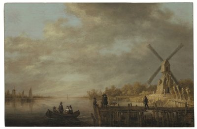 Ön planda bir yel değirmeni ve sandalda ve iskelede oturan nazik insanlar ile bir nehir manzarası (panel üzerine yağlıboya) by Aelbert Cuyp