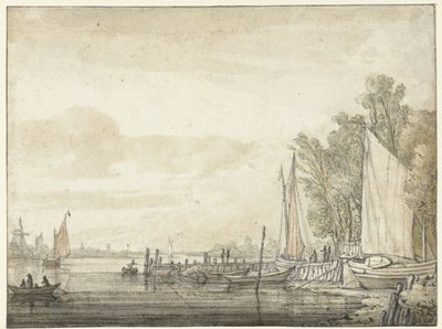Nehirde bir iskelede tekneler by Aelbert Cuyp