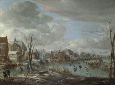 Golfçüler ve Patenciler ile bir Köyün yakınında Donmuş Bir Nehir, c. 1647-1648 by Aert van der Neer