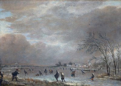 Donmuş bir nehir üzerinde patenciler ile kış manzarası by Aert van der Neer