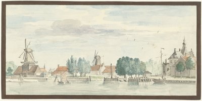 Rietdijkspoort ve yel değirmenleri ile Dordrecht manzarası by Aert Schouman