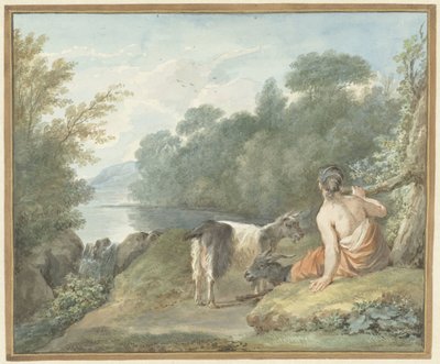 Bir göl ile bir manzara içinde keçi ile çoban by Aert Schouman