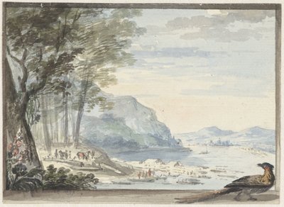 Ön planda bir tavuk olan nehir manzarası by Aert Schouman