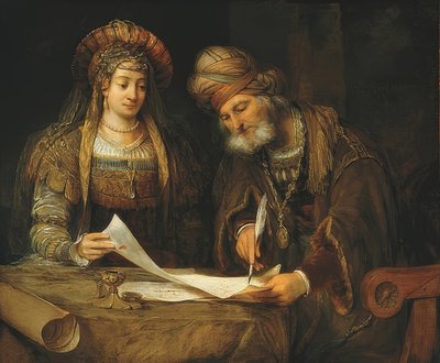 Esther ve Mordehay. 1675 by Aernt de Gelder