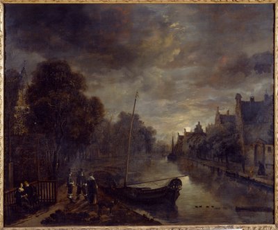 Ay Işığında Bir Hollanda Kasabasında Bir Kanal (tuval üzerine yağlıboya) by Aert van der Neer