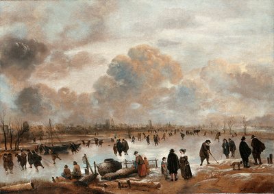 Donmuş Bir Su Yolunda Patenciler ve Kasabalılarla Bir Kış Manzarası by Aert van der Neer