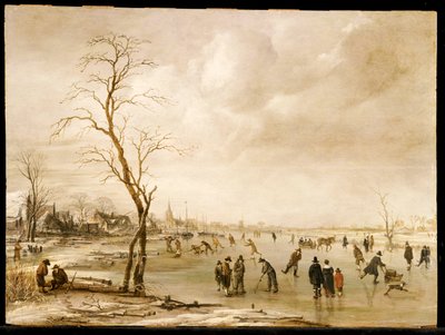Kasabalıların Donmuş Bir Nehir Üzerinde Buz Pateni Yaptıkları ve Kolf Oynadıkları Bir Kış Manzarası, Ötesinde Bir Kasaba by Aert van der Neer