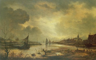 Ay Işığında Nehir Üzerinde Hollanda Kasabası (panelde yağ) by Aert van der Neer