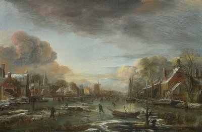 Akşamları bir şehir olan donmuş bir nehir. 1665 civarında by Aert van der Neer