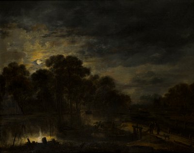 Ayışığı ile nehir manzarası, c.1623-77 (tuval üzerine yağlı boya) by Aert van der Neer