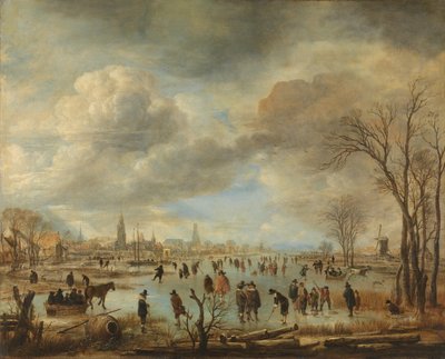 Kolf Oyuncuları ve Atlı Kızakların Olduğu Bir Kasabanın Yakınındaki Kış Manzarası by Aert van der Neer