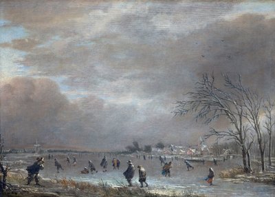 Donmuş Nehirde Patencilerle Kış Manzarası (panelde yağ) by Aert van der Neer