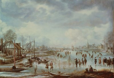 Artistik buz pateni ile kış sahnesi by Aert van der Neer