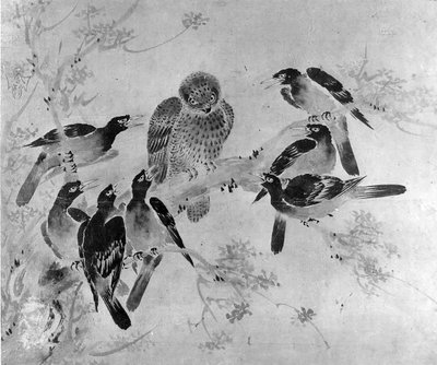 Bir Baykuşa Saldıran Mynah Kuşları, muhtemelen 19. yüzyıl. by after Sesson Shūkei