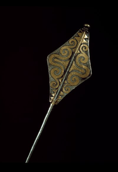 Prehistory: silver brooch inlaid with gold of the Tresor of Borodino (Odessa region). 1500 BC. Bronze Age. Moscow, State Historical Museum by Age Bronze