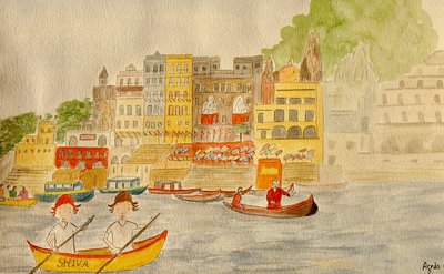Yolculuk, Varanasi, 2015, kağıt üzerine suluboya by Agnes Girardon