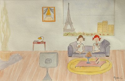 Yolculuk, oturma odası, 2015, kağıt üzerine suluboya by Agnes Girardon