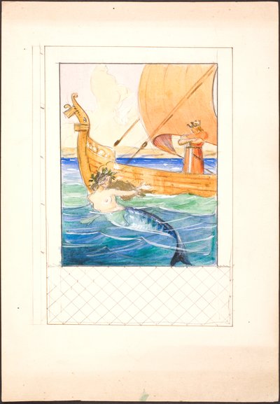 Oehlenschläger ile deniz kızı ve çerçeve taslağı takılmış bir gemide bir kral için çizim by Agnes Slott Møller