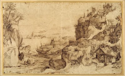 Müstahkem bir limanın aşağı doğru görünümü (kağıt üzerinde kalem ve kahverengi mürekkep) by Agostino (attr. to) Carracci